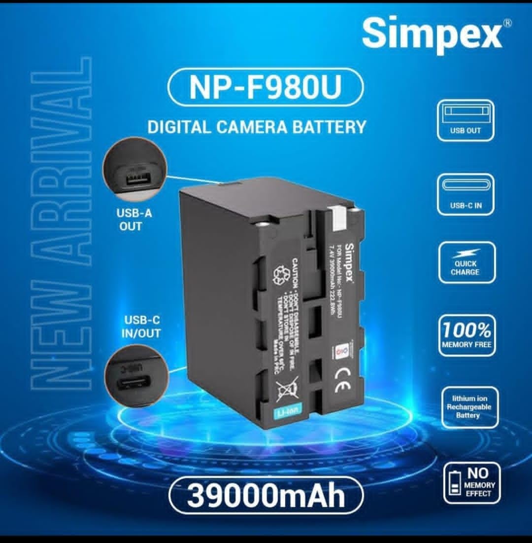 Simpex NP F980 C USB 39000mAh Lithum-ion Rechargeable Battery for Video Light, Ring Light, Stick Lights, Type C Charging for Sony Digital Camera Battery HDR-FX 1000, HVR-V1U, Z7U (Black)
