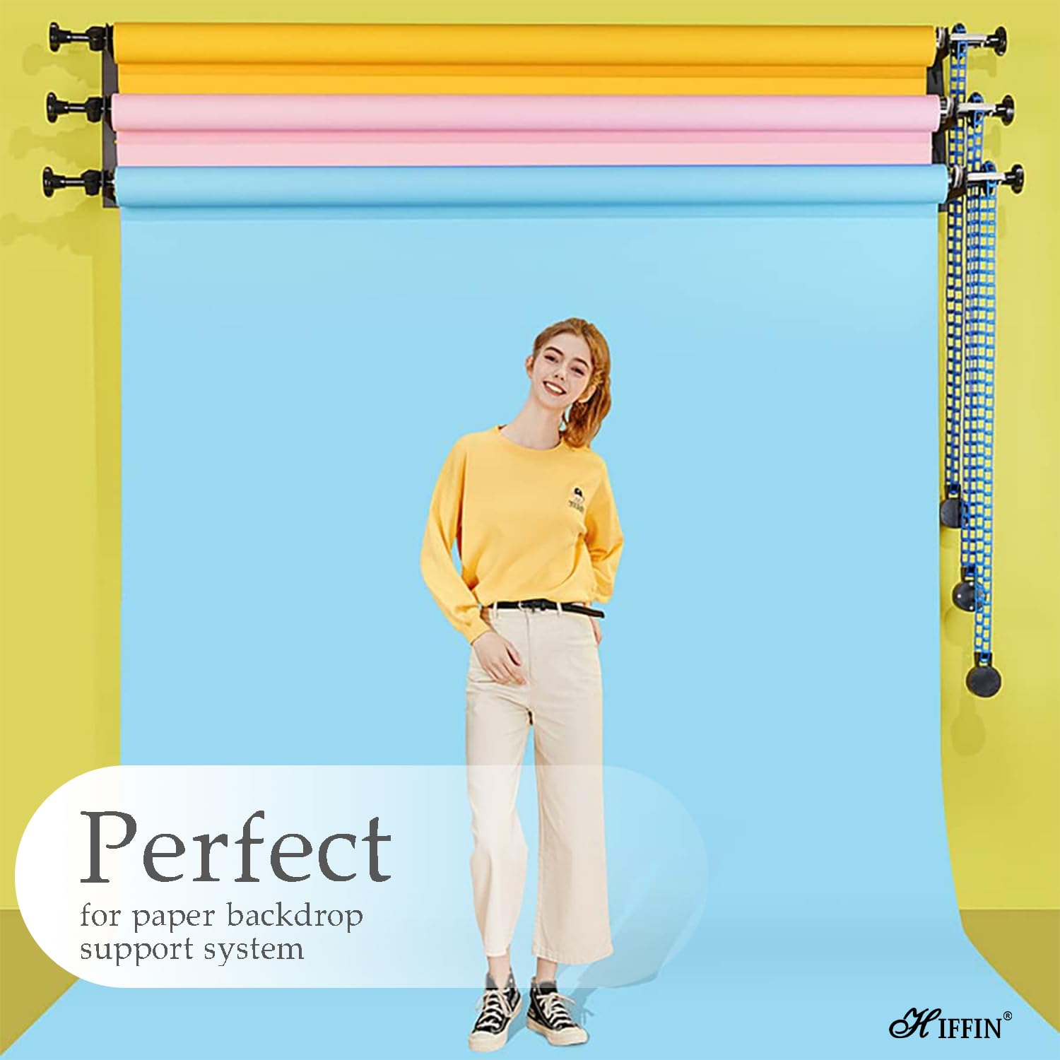 HIFFIN Photography 3 Roller Backdrop Stand & Wall Mount, Manual Background Roller Support System with 2 Tri-fold Hooks, 6 Expand Bars, and 3 Chains for Conveniently Holding 3 Backdrops