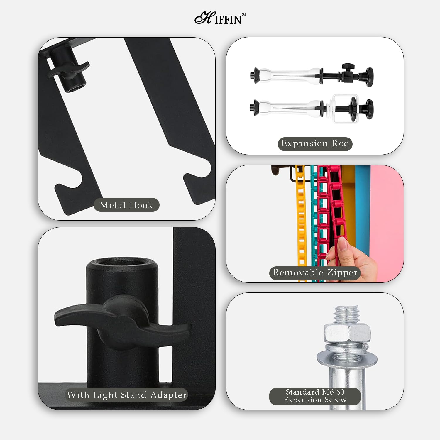 HIFFIN Photography 3 Roller Backdrop Stand & Wall Mount, Manual Background Roller Support System with 2 Tri-fold Hooks, 6 Expand Bars, and 3 Chains for Conveniently Holding 3 Backdrops
