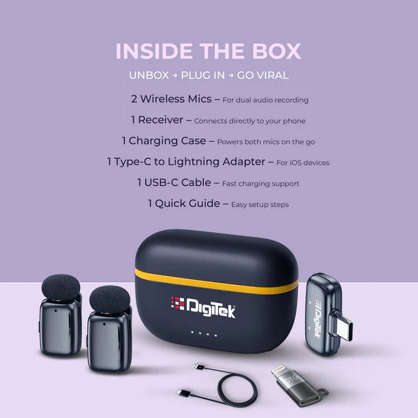 Digitek (DWM 103 Mini) 2-in-1 Wireless Microphone, 2.4G Wireless Mic, 40m Range, 6Hr Battery, Noise Reduction, for iOS & Android Smartphones/Tablets, Ideal for Live Interviews Meetings, Vlogging Live, Streaming