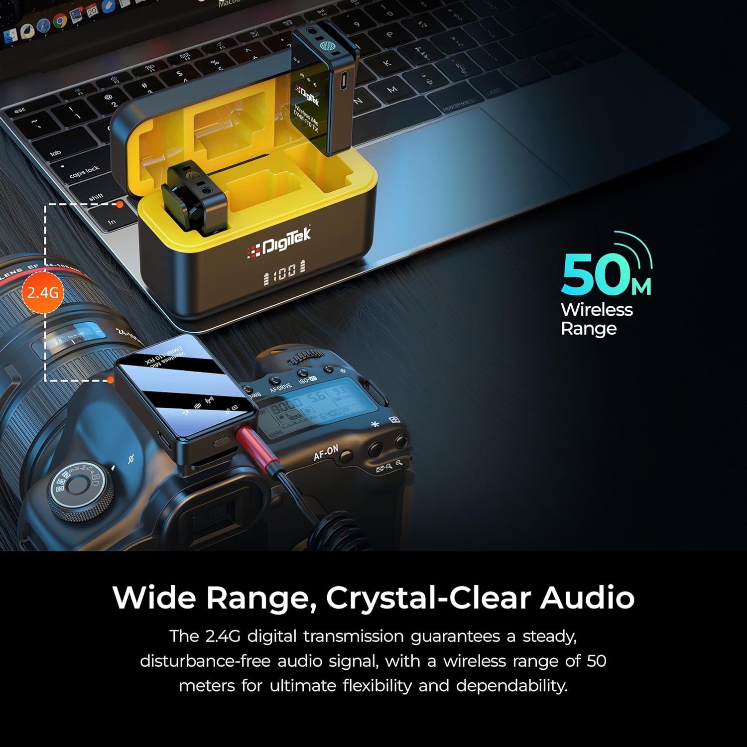 Digitek DWM-110 2-in-1 Wireless Microphone System with 2.4GHz RF, 50m Range, 8Hr Run Time, Plug & Play, Noise Cancellation, Compatible with DSLR, AndroidiPhone for Vlogging, Meetings & Videoshoots