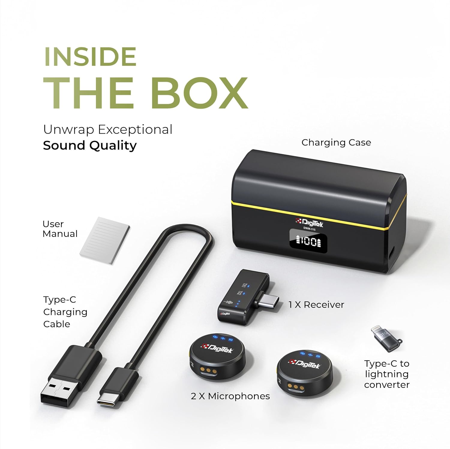 DIGITEK DWM-115 2-in-1 Wireless Microphone, 2.4GHz, Magnetic Clip, Noise Reduction Lavalier Mic, 40m Range, 6Hr Battery, 360° Sound Capture for iOS & Android, Ideal Video Recording, Vlogging, Youtube
