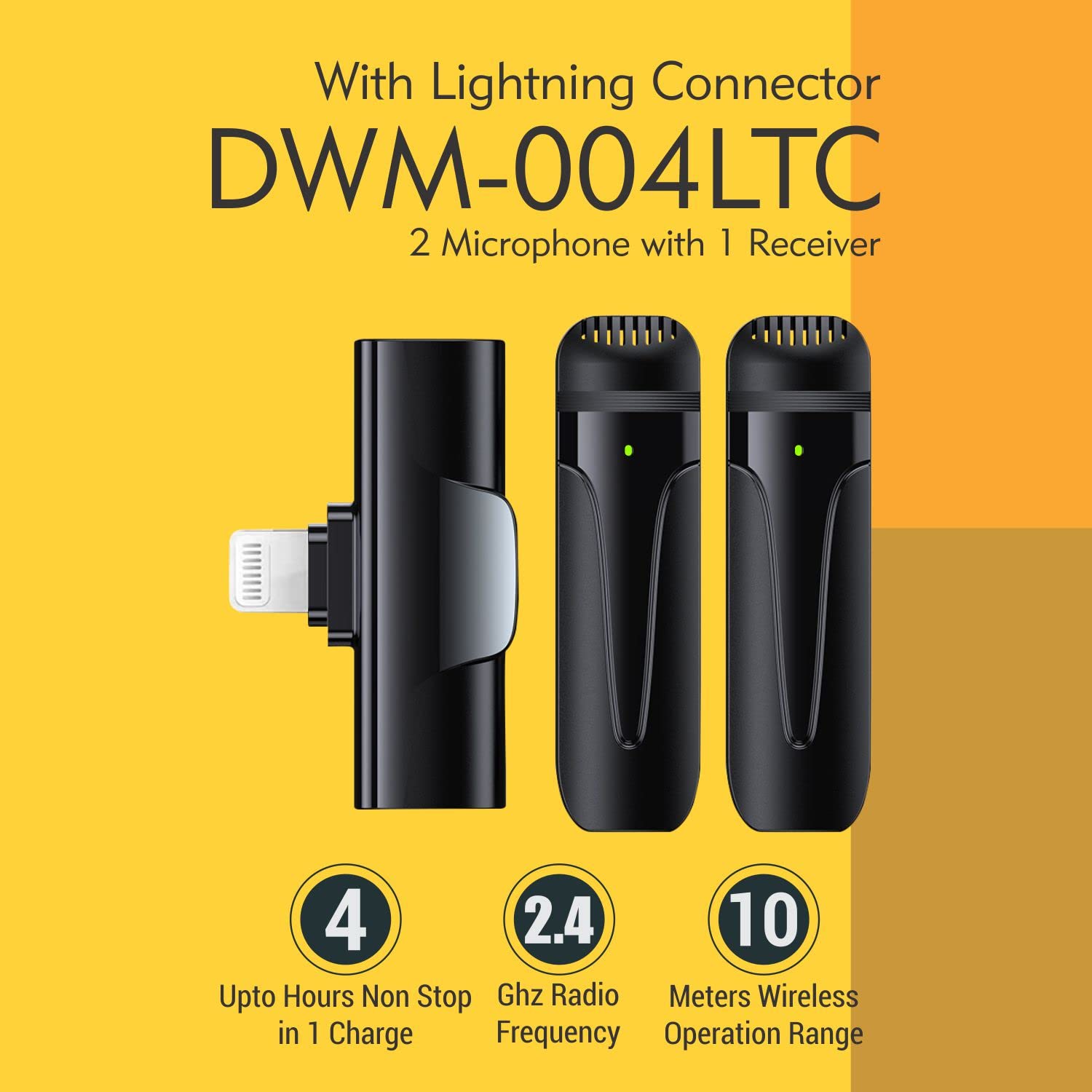 DIGITEKยฎ (DWM 004) Wireless Microphone with Receiver Set, 2 Mics + 1 Receiver, Lightning Connector, 4 Hours Working Time, 10m Wireless Range, for Audio Recording, Live Streaming, Video Recording