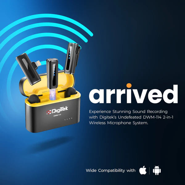 Digitek® DWM-114 2-in-1 Wireless Microphone, 2.4GHz, 6.6Hr Battery, Noise Reduction, 40m Range, 360° Sound Capture, Plug n Play, iPhone & Android Compatible, for Video Recording, Interview, Vlogging!