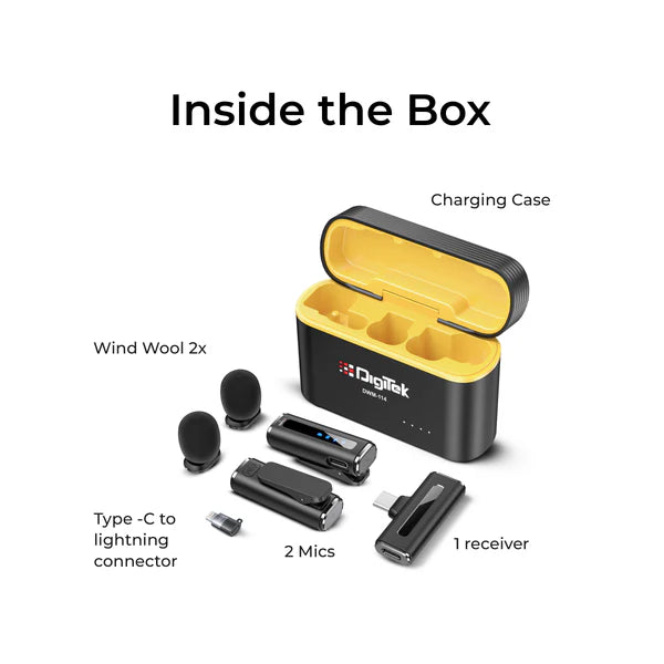 Digitek® DWM-114 2-in-1 Wireless Microphone, 2.4GHz, 6.6Hr Battery, Noise Reduction, 40m Range, 360° Sound Capture, Plug n Play, iPhone & Android Compatible, for Video Recording, Interview, Vlogging!