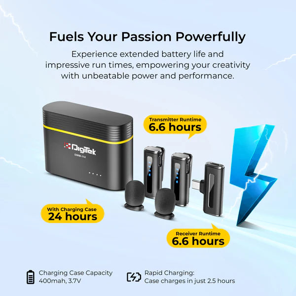 Digitek® DWM-114 2-in-1 Wireless Microphone, 2.4GHz, 6.6Hr Battery, Noise Reduction, 40m Range, 360° Sound Capture, Plug n Play, iPhone & Android Compatible, for Video Recording, Interview, Vlogging!