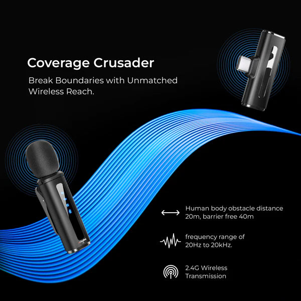 Digitek® DWM-114 2-in-1 Wireless Microphone, 2.4GHz, 6.6Hr Battery, Noise Reduction, 40m Range, 360° Sound Capture, Plug n Play, iPhone & Android Compatible, for Video Recording, Interview, Vlogging!