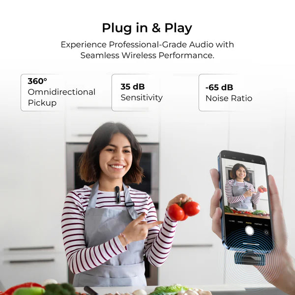 Digitek® DWM-114 2-in-1 Wireless Microphone, 2.4GHz, 6.6Hr Battery, Noise Reduction, 40m Range, 360° Sound Capture, Plug n Play, iPhone & Android Compatible, for Video Recording, Interview, Vlogging!
