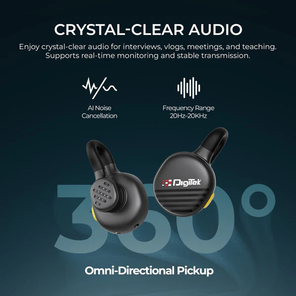 Digitek (DWM 119) 2-in-1 Wireless Microphone, 2.4G Mic with 30m Range, 6Hr Battery, Noise Cancellation & Power Indicator, for iPhone & Android Smartphones, Ideal for Vlogging, Live Streaming & Interviews