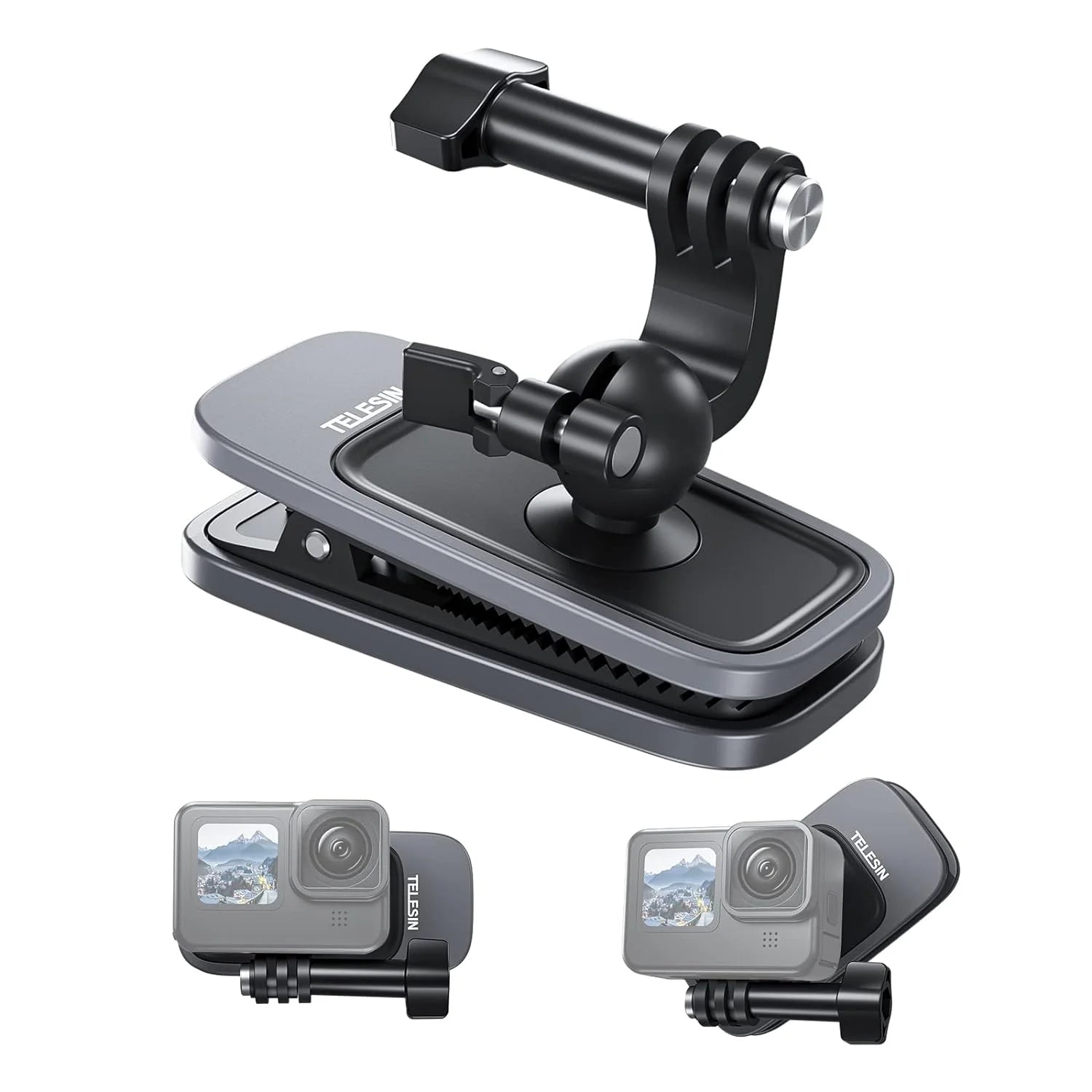 360 degree ball head rotation backpack clip mount With Magnetic inside
