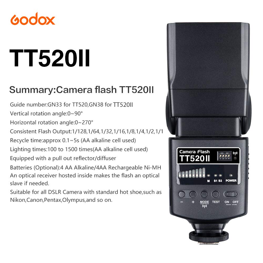 Godox TT520ii Flash Speedlite Sync 5600k GN33 433Hz 0.1-5s Recycle Time Compatible for Canon Nikon Pentax Olympus Fuji DSLR Cameras