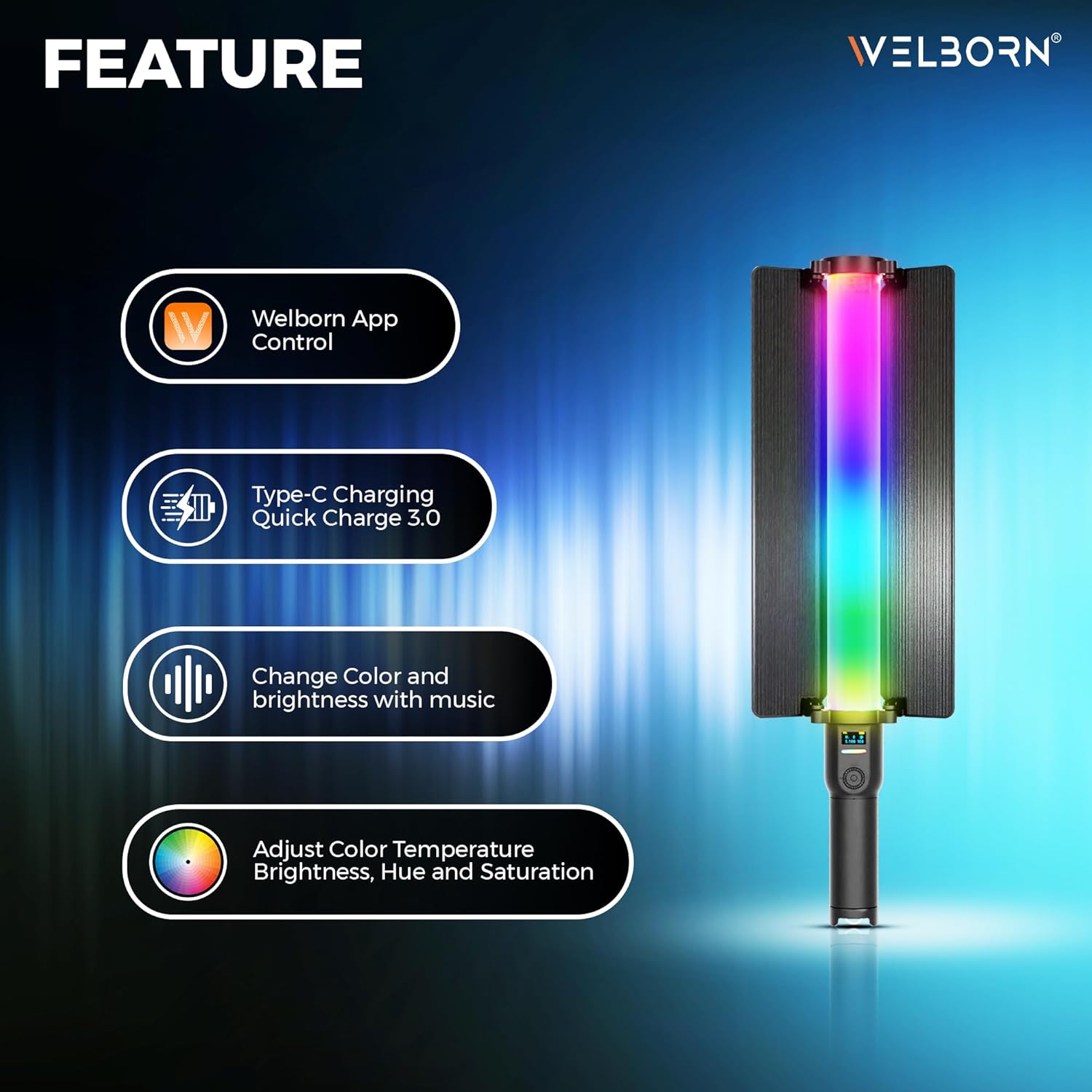 Welborn SL500R-60W RGB LED Light Stick with App Control & Handheld Portable Wand
