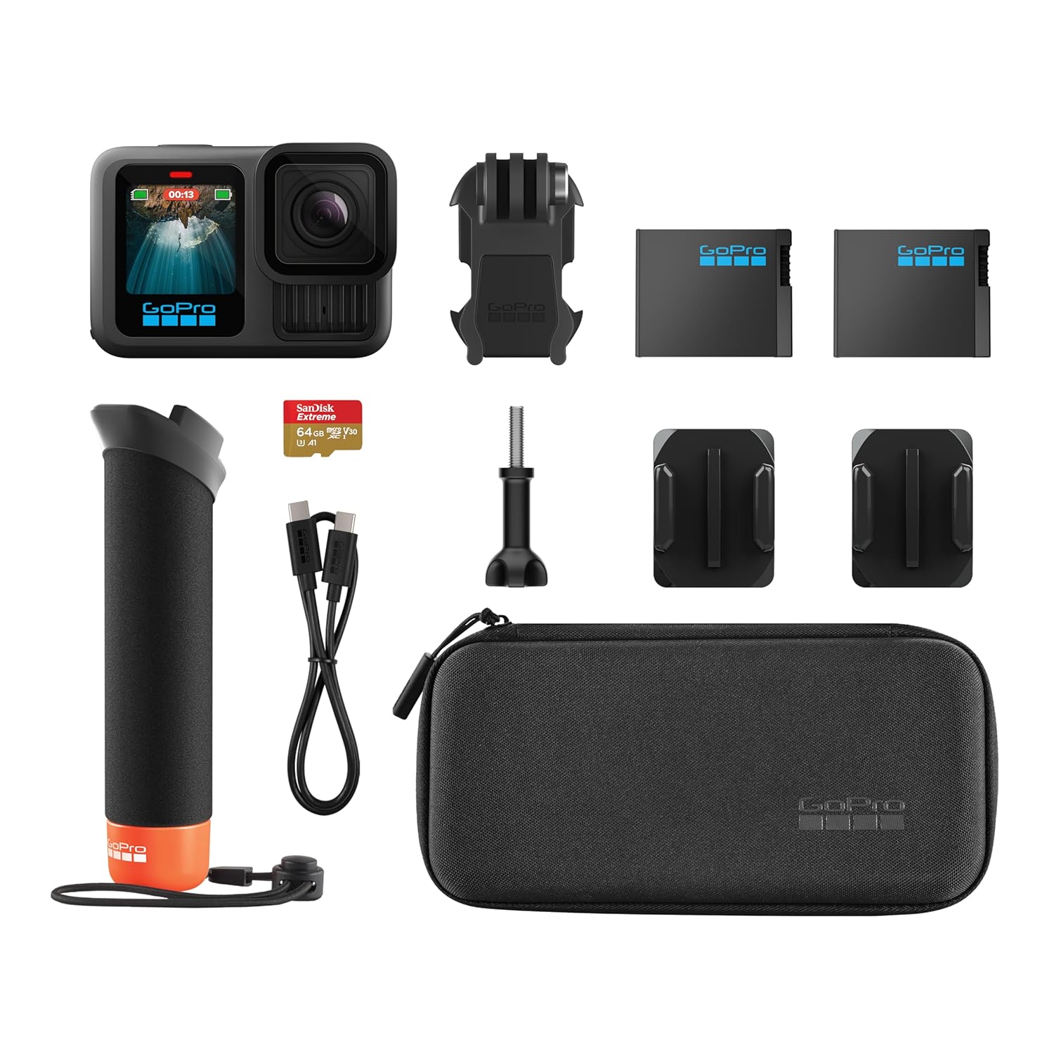 GoPro Hero13 Special Bundle Includes - Hero13 Action Camera, The Handler, 2 Enduro Batteries, 2 Curved Adhesive Mounts, 64GB MicroSD Card (2-Yr India Warranty),Black