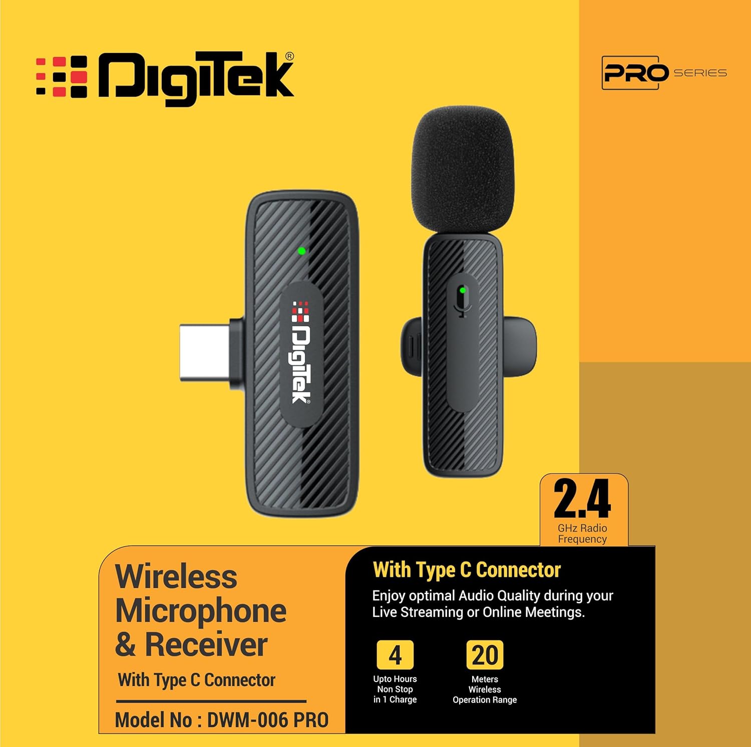 Digitek® (DWM-006 PRO Wireless Microphone & Receiver with Type-C Connector, 2.4GHz Frequency, 4Hr Battery, 20m Range, for Android Phone & Type-C Devices, Ideal for Voice Recording & Live Streaming