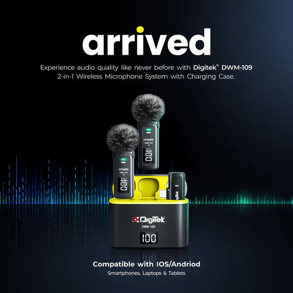 Digitek DWM-109 2-in-1 Wireless Microphone System, 50m Range, 7Hr Battery, Type-C to Lightning Converter, 2.4GHz, Noise Reduction, for Android & iPhone, Record Meeting, Interviews & More