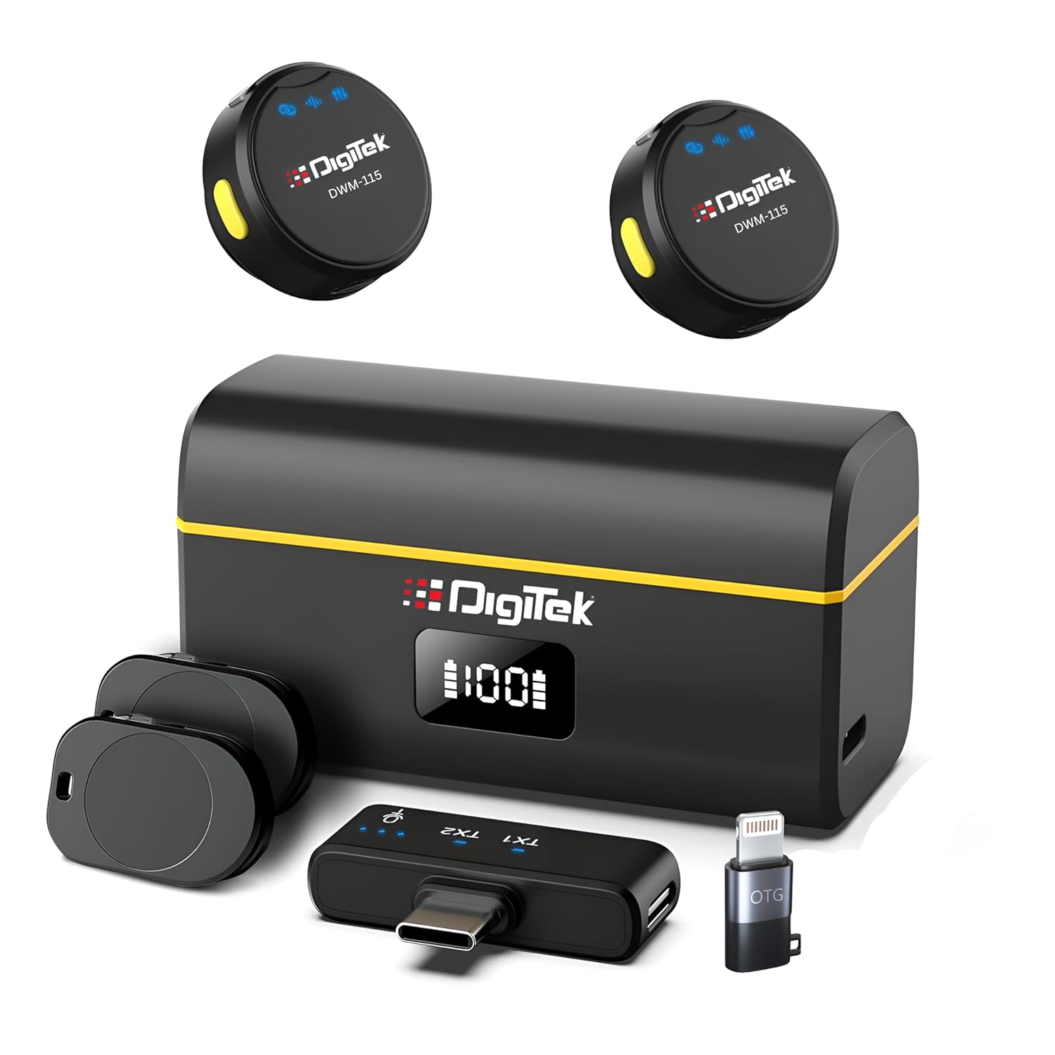 DIGITEK DWM-115 2-in-1 Wireless Microphone, 2.4GHz, Magnetic Clip, Noise Reduction Lavalier Mic, 40m Range, 6Hr Battery, 360° Sound Capture for iOS & Android, Ideal Video Recording, Vlogging, Youtube