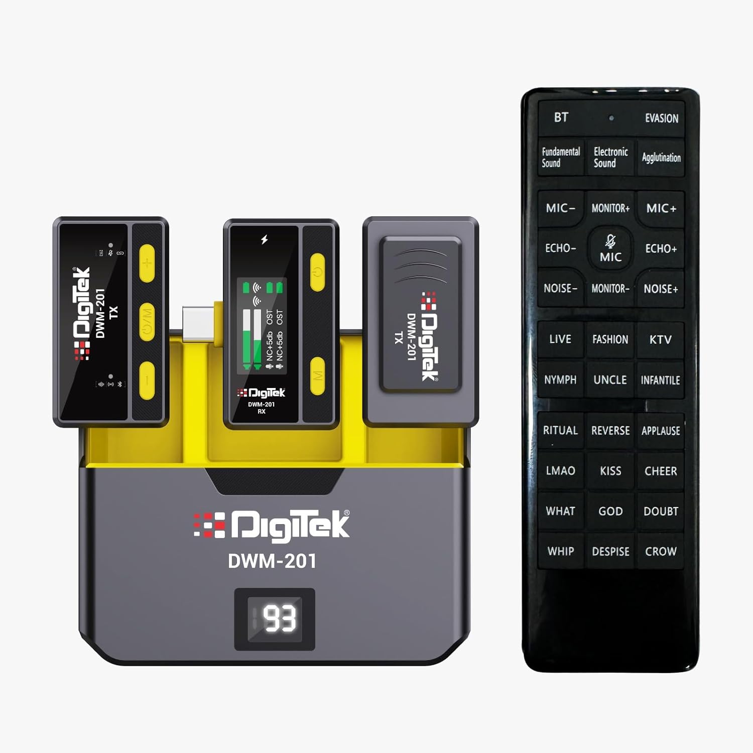 Digitek DWM-201 Wireless Microphone System with Remote & Noise Cancellation, 12 Sound Effects, 3 Voice Modes, 50m Range, Use with iPhoneAndroid & DSLR Camera for Vlogs, Interview & Podcasts