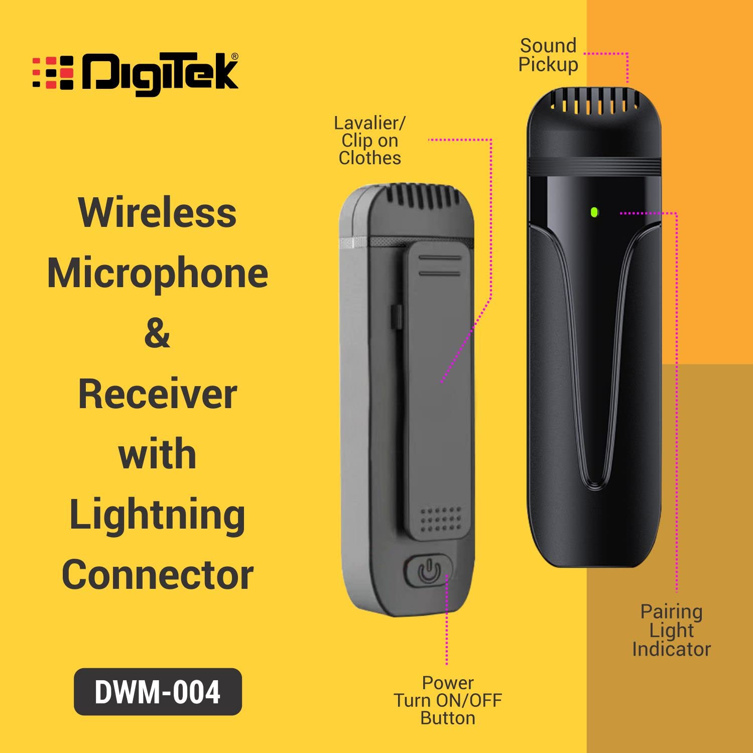 DIGITEK® (DWM 004) Wireless Microphone with Receiver Set, 2 Mics + 1 Receiver, Lightning Connector, 4 Hours Working Time, 10m Wireless Range, for Audio Recording, Live Streaming, Video Recording