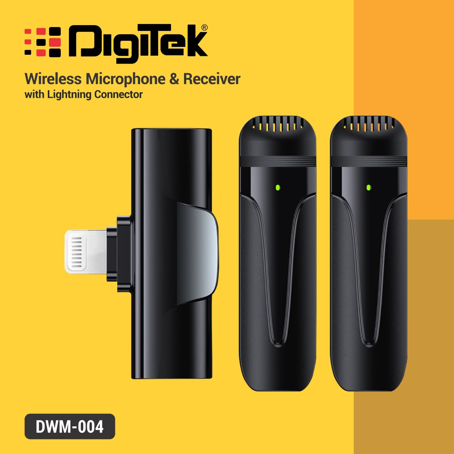 DIGITEK® (DWM 004) Wireless Microphone with Receiver Set, 2 Mics + 1 Receiver, Lightning Connector, 4 Hours Working Time, 10m Wireless Range, for Audio Recording, Live Streaming, Video Recording