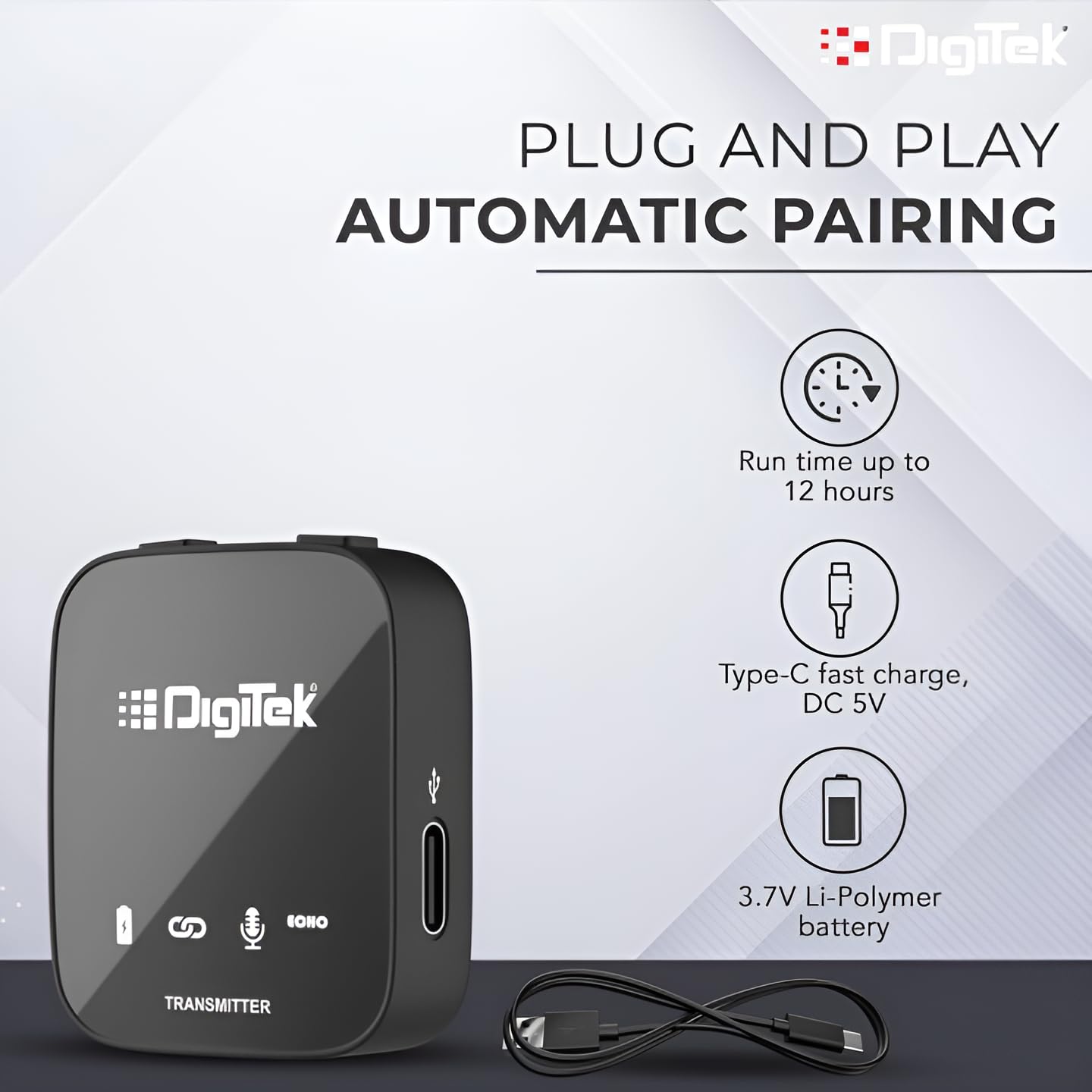 Digitek® (DWM 101 Wireless Microphone System with ANC Noise Reduction, 360° Sound Capture, 100M Range, Upto 12 Hrs Working Time, for DSLR Camera, Android & iOS Smartphones, Seamless Audio Recording