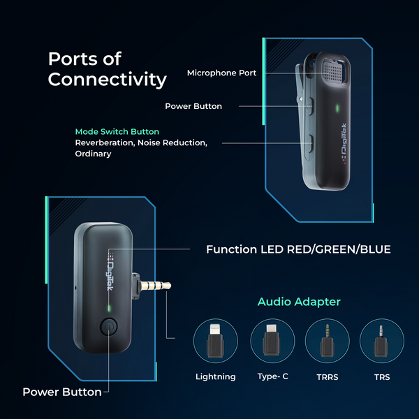 Digitek® (DWM-106 2-in-1 Wireless Microphone System, 80M Range, Noise Cancellation & Reverberation Mode, 360° Sound Capture, LightningType-CTRRSTRS Adapter Support for DSLRCamcorderAndroid & iOSDigitek® (DWM-106 2-in-1 Wireless Mic