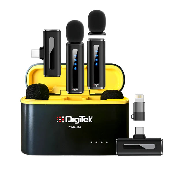 Digitek® DWM-114 2-in-1 Wireless Microphone, 2.4GHz, 6.6Hr Battery, Noise Reduction, 40m Range, 360° Sound Capture, Plug n Play, iPhone & Android Compatible, for Video Recording, Interview, Vlogging!