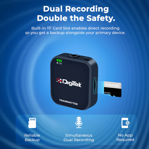 Digitek (DWM 101 Mini) 2-in-1 Wireless Microphone, 2.4G Mic for iOS/Android, DSLR, PC/Laptop, 80m Range, TF Card Recording, 4.5hr Battery, Real-Time Monitoring, Ideal for Vlogging, Streaming, Meetings